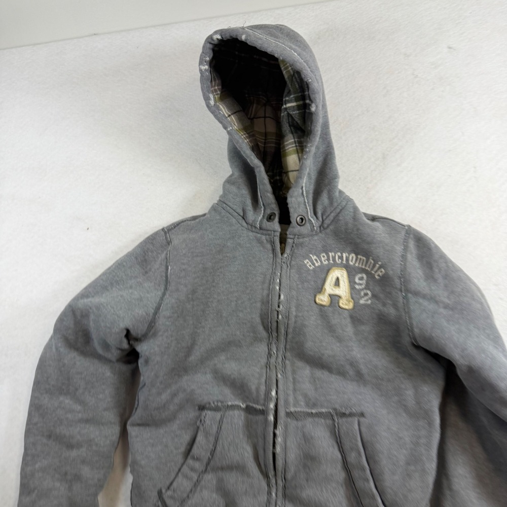 Abercrombie Kids Hopkins Trail Jacket Gray Plaid Lined Hooded Zip Up Medium